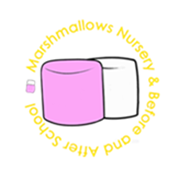 Marshmallows Nursery logo for Marshbrook First School: Pink and yellow marshmallow design with "Marshmallows Nursery" text.