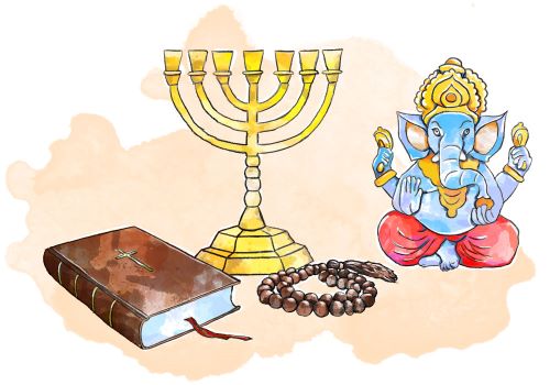 Illustration featuring a menorah, a Christian Bible with a rosary, and a flower bouquet, symbolising religious diversity and respect for different faiths.