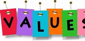 Colorful "Values" sign with letters in bright colors hung on hooks, representing school vision and ethos.