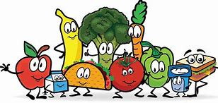 Illustration of smiling fruits and vegetables, promoting healthy eating and balanced meals provided by Marshbrook First School's kitchen.  