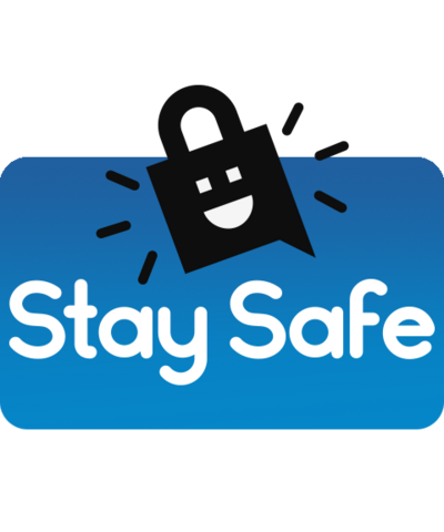 Stay Safe logo featuring a blue background with white text reading "Stay Safe" and an icon of a smartphone with a shield symbol.  