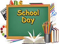 School Day graphic with books, a clock, and stationery, symbolising the daily schedule at Marshbrook First School.  