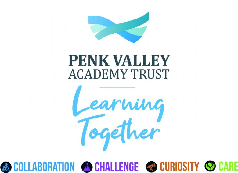 Penk Valley Academy Trust logo featuring a blue abstract bird design with the tagline "Learning Together" and core values: Collaboration, Challenge, Curiosity, and Care.